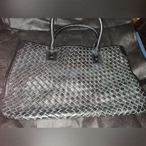 Valerie Stevens Black Braided Leather Handbag w/ Extra Shoulder Strap Silver